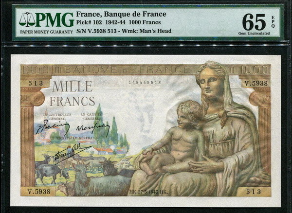 프랑스 France 1942-1944(1943), 1000 Francs,  P102,PMG 65 EPQ GEM UNC 완전미사용